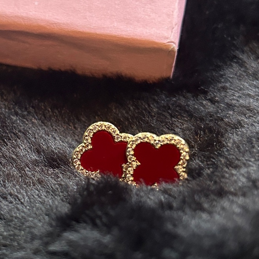 Adina Eden Red Clover Huggie Earrings with Gold Pave Trim NEW